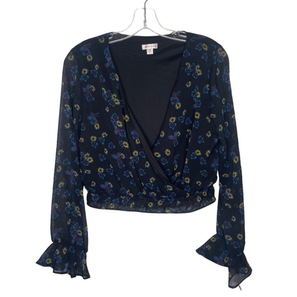 Xhilaration Black Floral Surplice Cropped Top Long Sleeve Ruffle Cuff Medium